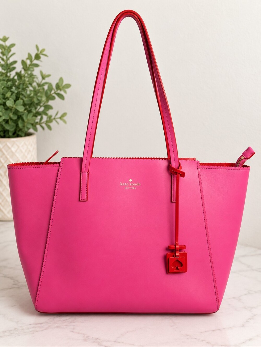 Kate Spade Marjorie Fordham Court Fuchsia Red Leather Large Tote Bag EUC